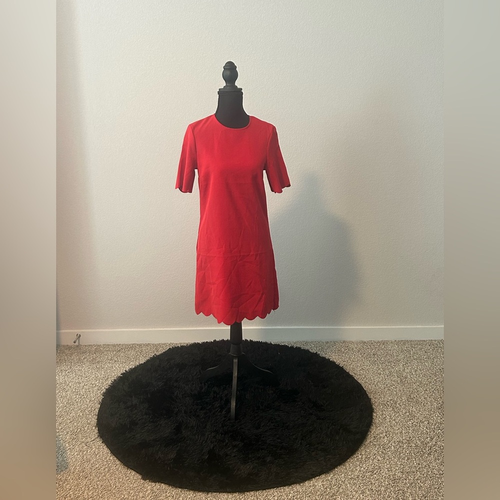 H&M Bright Red Short-Sleeve Scalloped Hem Mini Dress